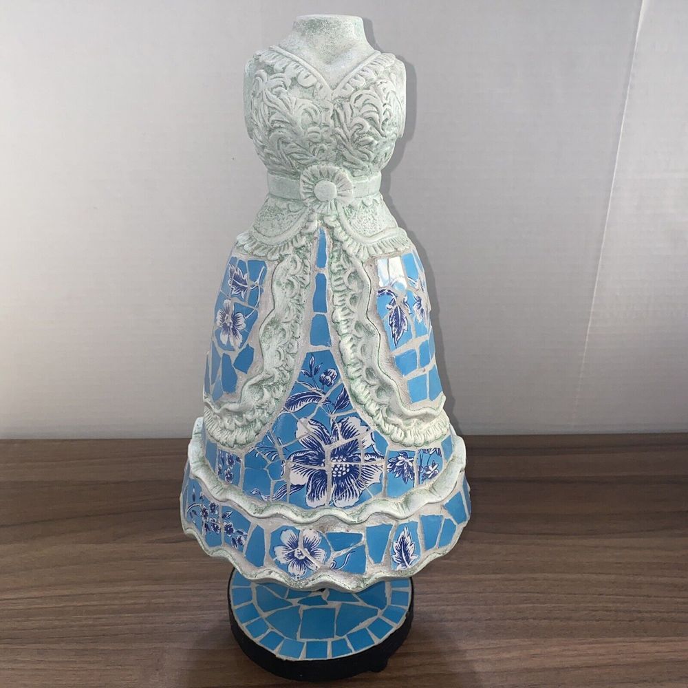 Handcrafted Tabletop Blue Carnations Mosaic Bust Dress Form on Pedestal 16" Tall